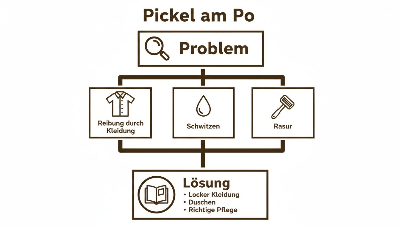 Ein Diagramm zeigt Ursachen und Lösungen für Pickel am Po, inklusive Reibung, Schwitzen, Rasur und Pflege.