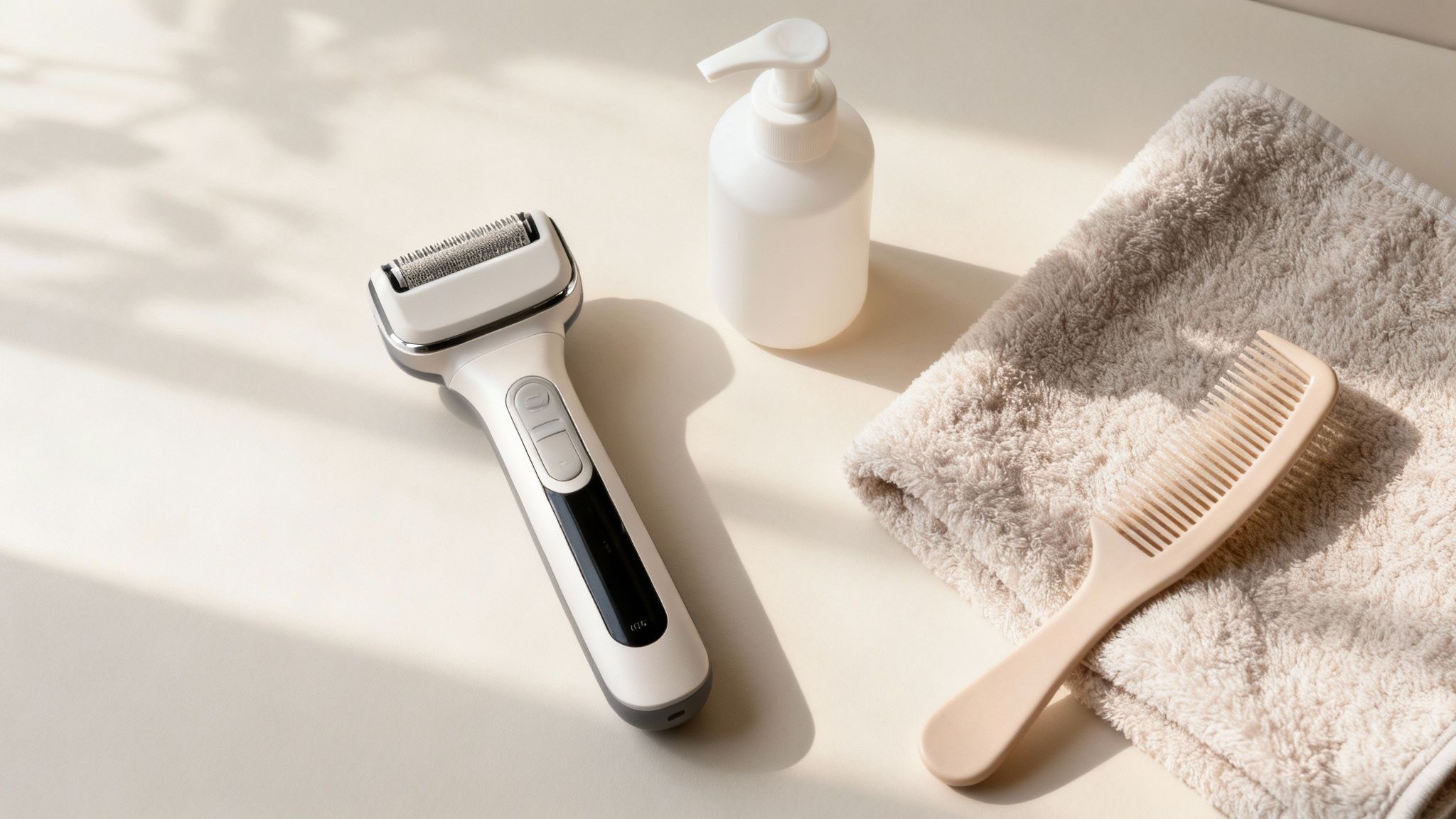 Elektrorasierer, Lotion, Handtuch und Kamm auf hellem Untergrund mit Schatten.