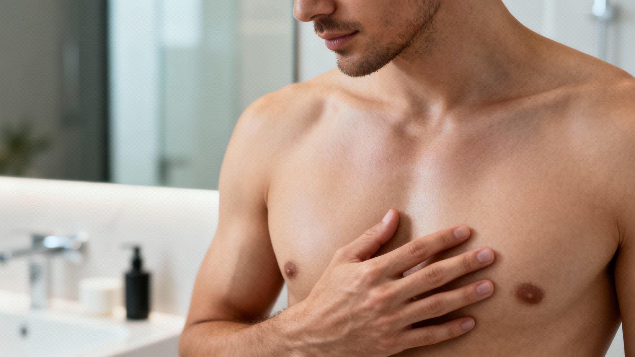Nahaufnahme eines Mannes im Badezimmer, der seine Brust berührt, mit Fokus auf Hautpflege.