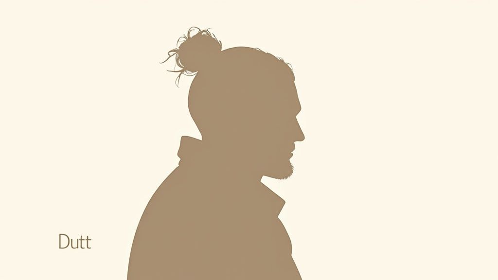Silhouette eines Mannes im Profil mit Bart und einem modernen Dutt auf hellem Hintergrund.