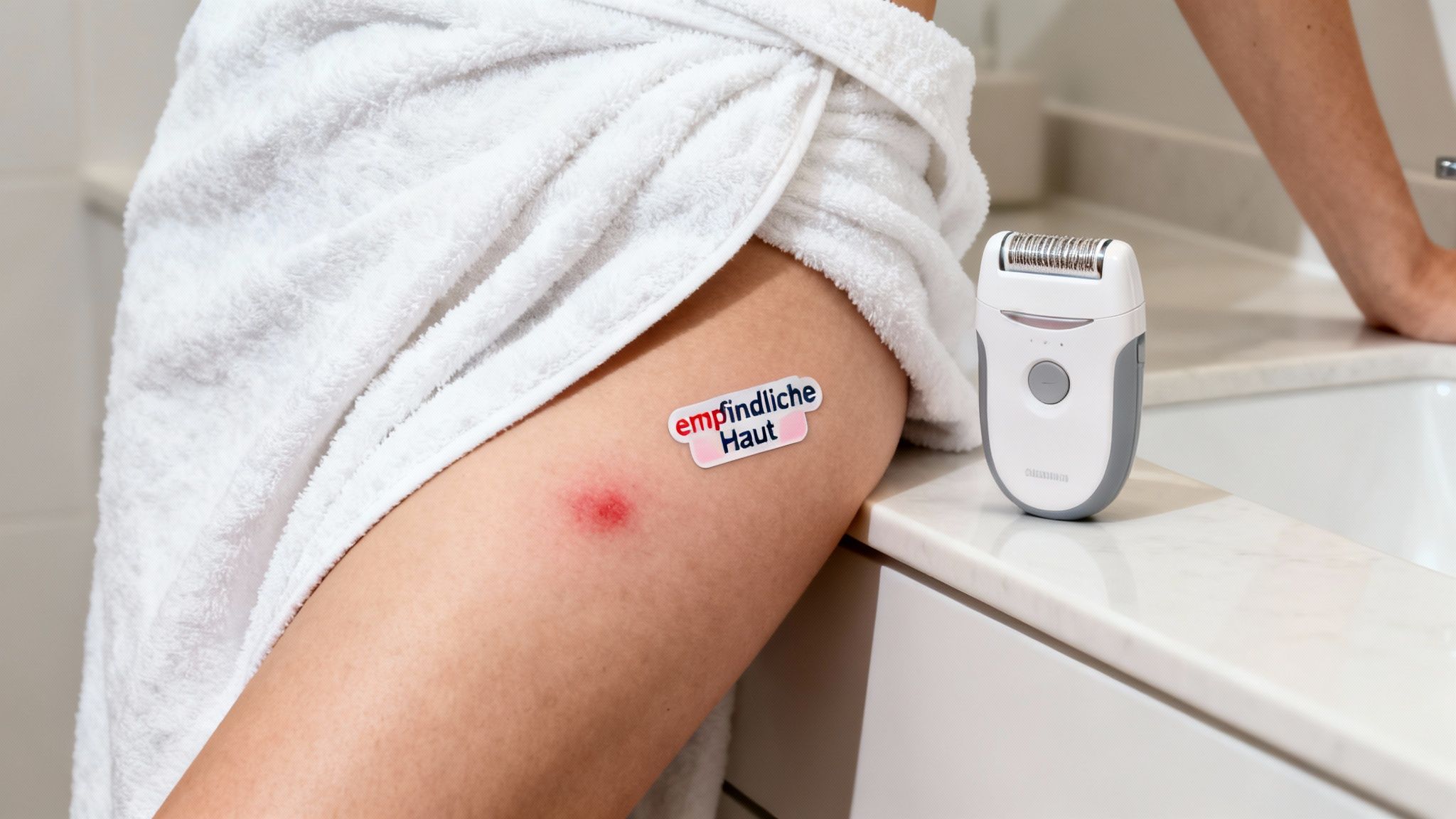 Frau mit weißem Handtuch zeigt Bein mit Hautreizung und Pflaster „Empfindliche Haut“ neben Epilierer.