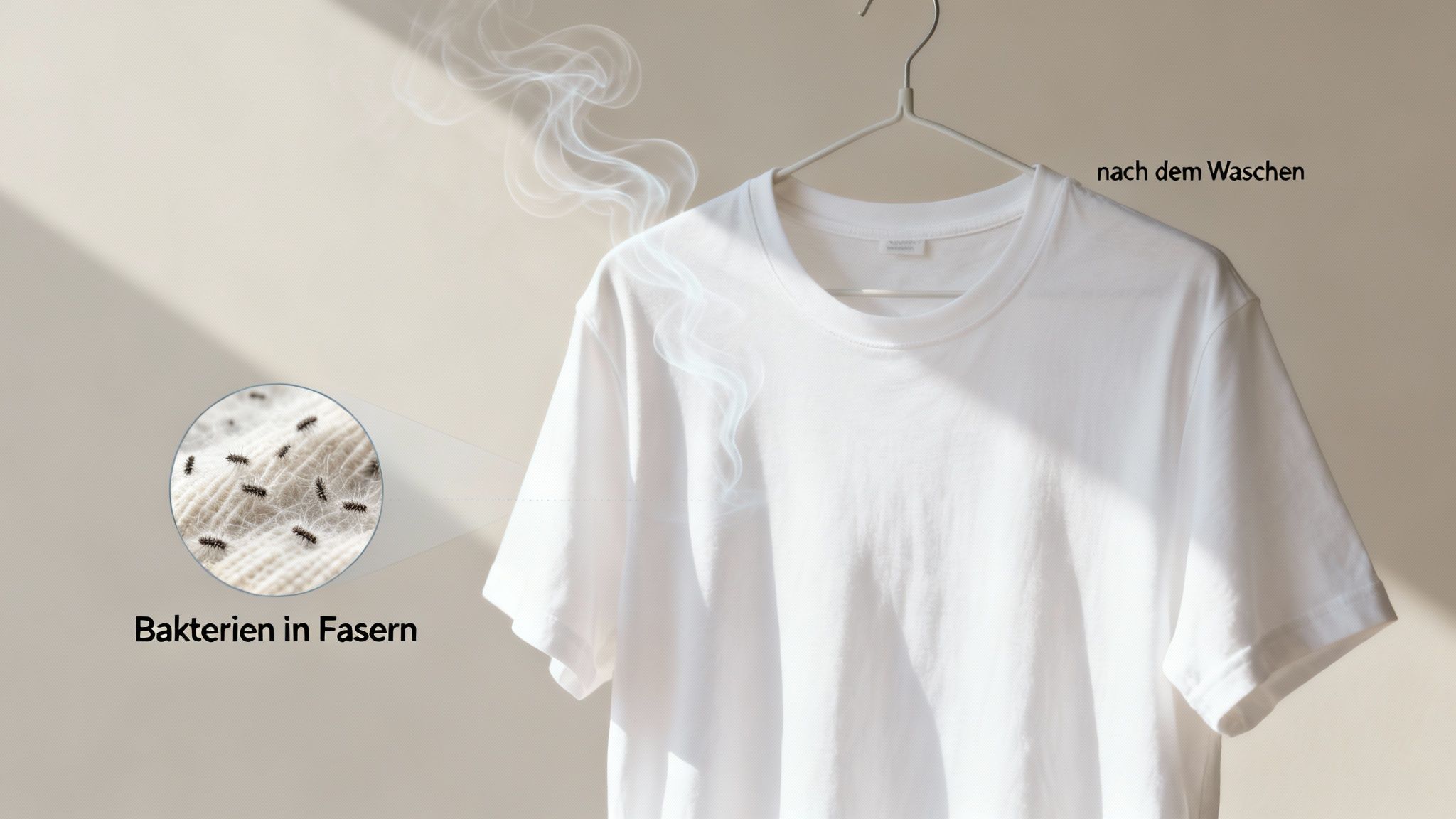Ein gewaschenes weißes T-Shirt mit aufsteigendem Dampf und einer Makroansicht von Bakterien in Fasern.