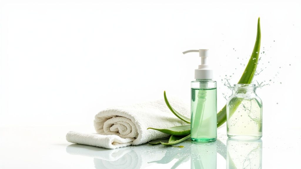 Pflegende Aloe-Vera-Produkte: Flasche, Glas, frische Blätter und ein weiches, gerolltes Handtuch auf hellem Untergrund mit Wasserspritzern.