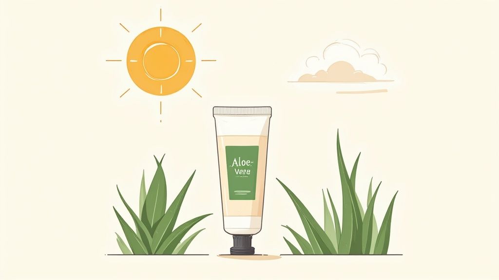 Eine Tube Aloe Vera Creme steht zwischen grünem Gras unter der Sonne, mit Wolken im Hintergrund.