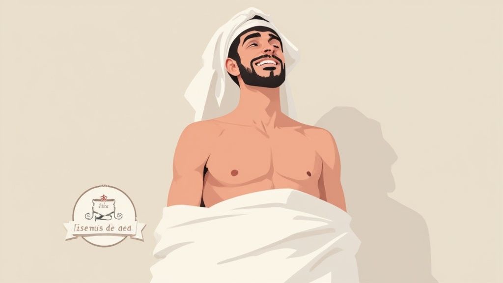 Ein lächelnder Mann mit Bart und Handtüchern um Kopf und Körper, der entspannt nach dem Duschen aussieht.