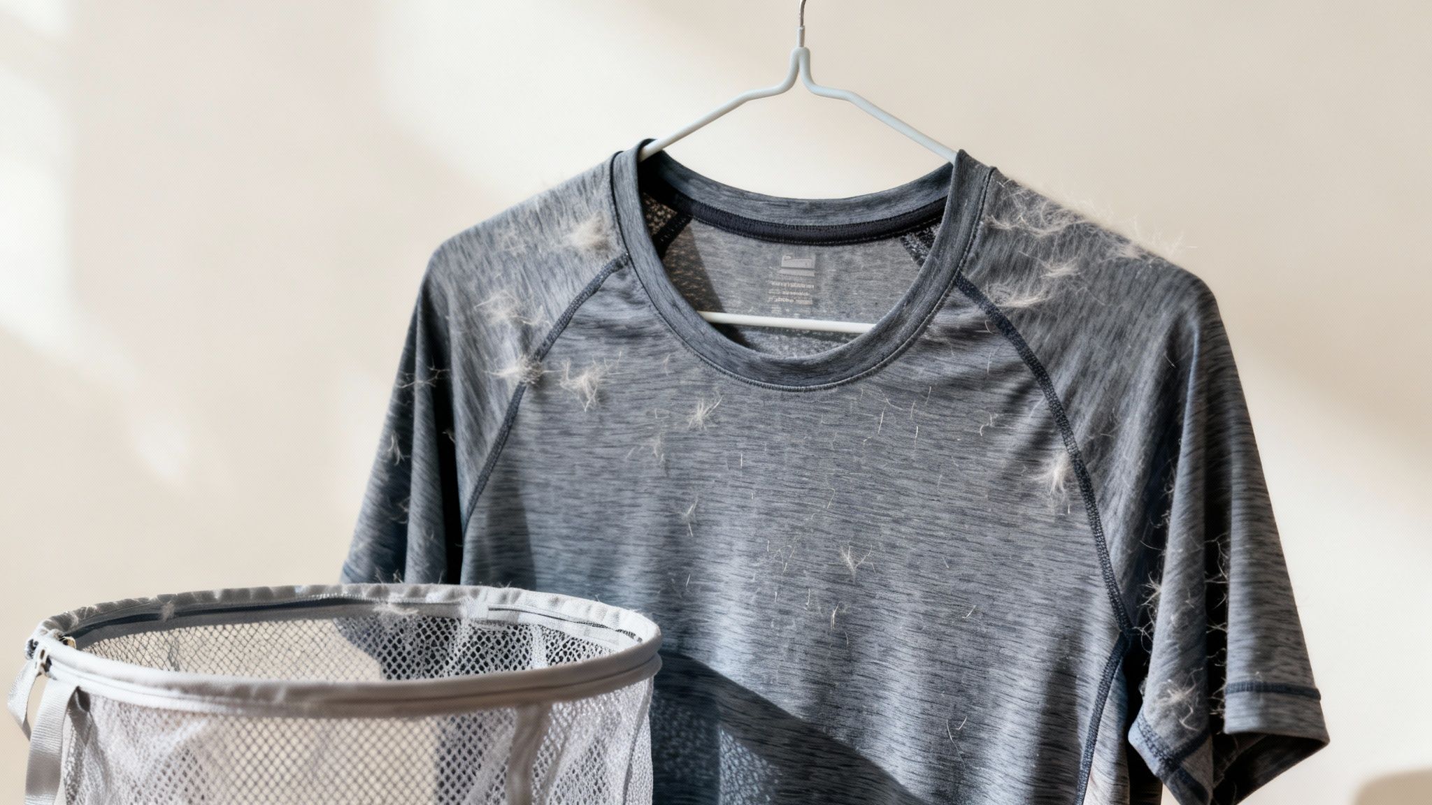 Ein graues T-Shirt hängt voller Tierhaare an einem Kleiderbügel neben einem Wäschekorb.
