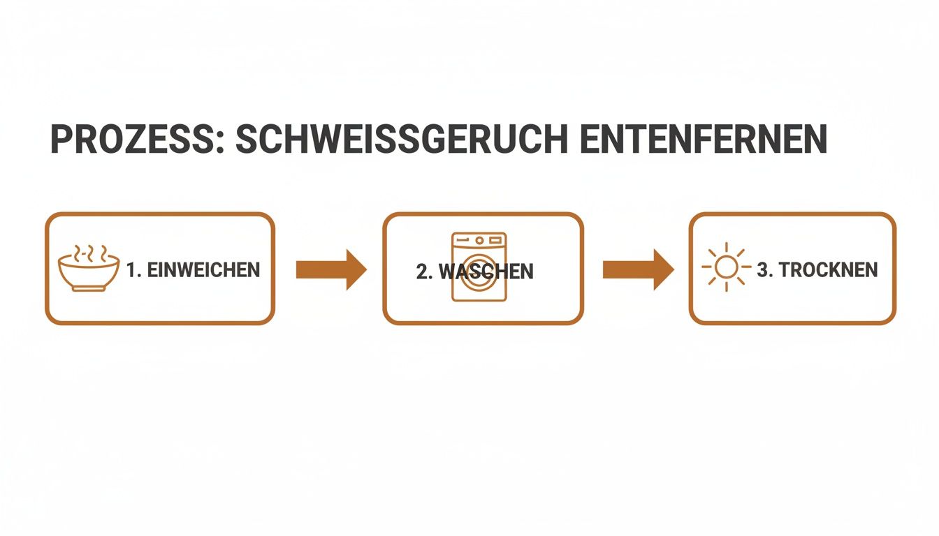 Flussdiagramm zur Entfernung von Schweißgeruch aus Kleidung: Einweichen, Waschen und Trocknen in drei Schritten.