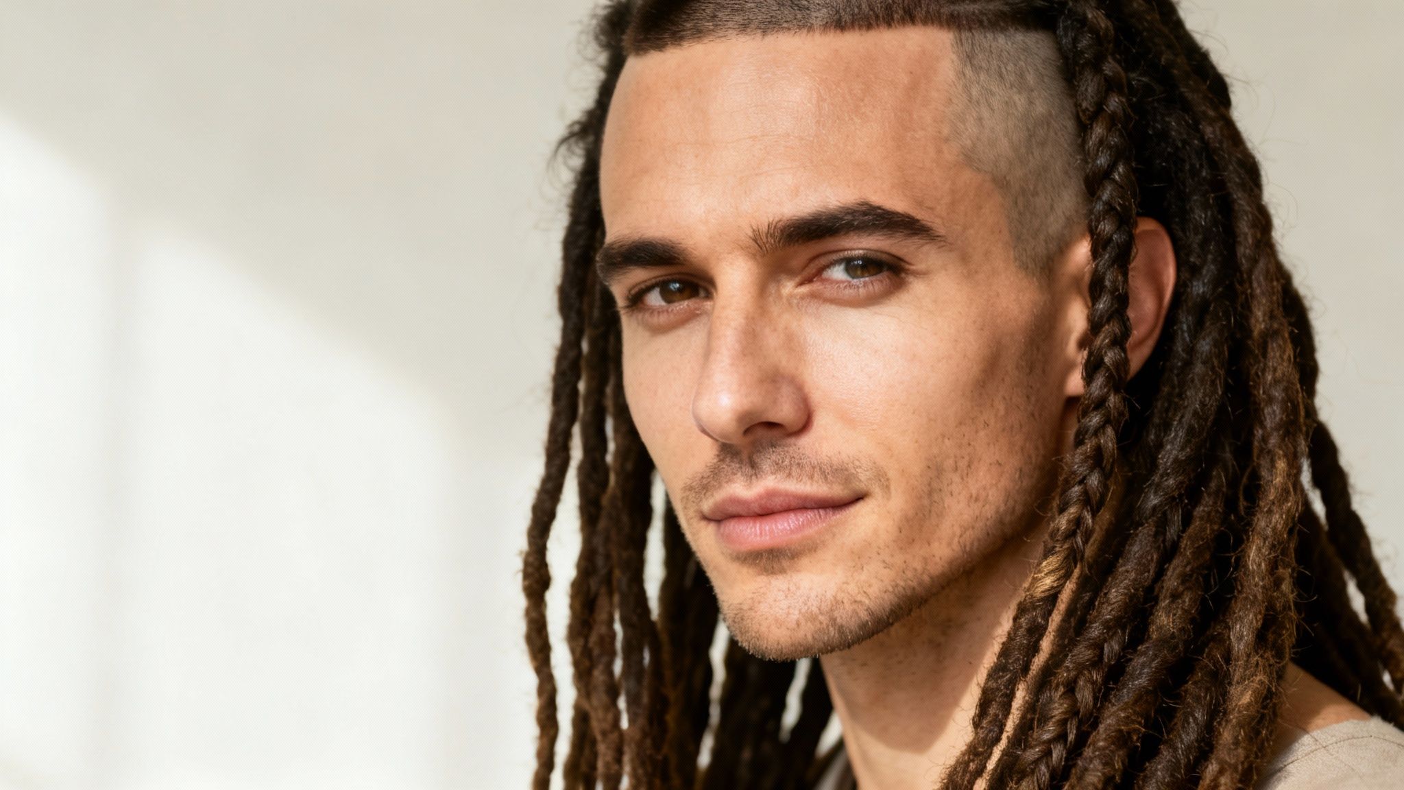 Nahaufnahme eines jungen Mannes mit Dreadlocks und rasiertem Haaransatz, der in die Kamera schaut.