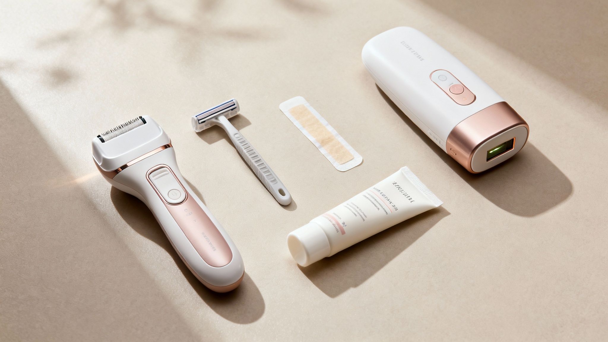 Verschiedene Haarentfernungsgeräte und Produkte, darunter ein elektrischer Rasierer, ein manueller Rasierer, ein Wachsstreifen und eine IPL-Gerät, auf hellem Hintergrund.