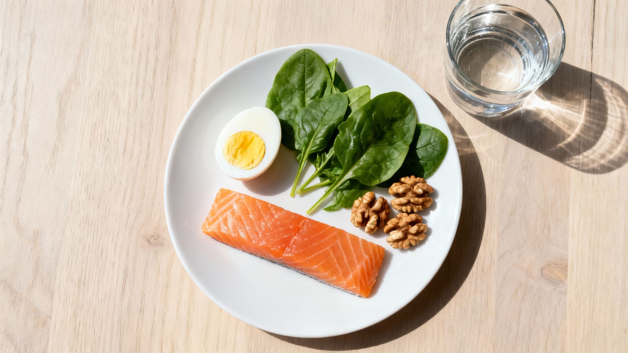 Ein gesunder Teller mit Lachs, einem gekochten Ei, frischem Spinat und Walnüssen, dazu ein Glas Wasser auf Holz.