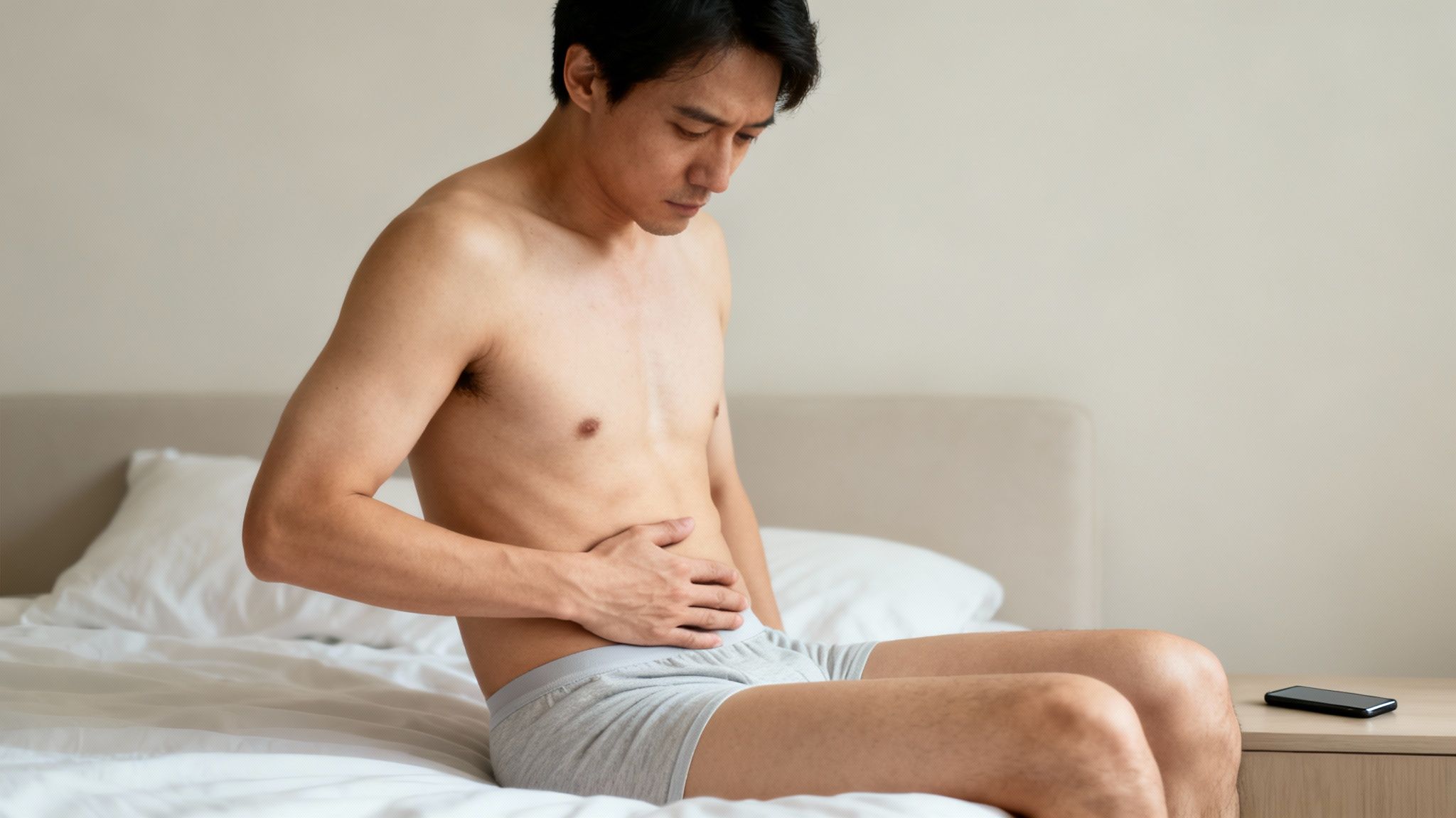 Junger asiatischer Mann sitzt im Bett, hält sich den Bauch und sieht leidend aus.