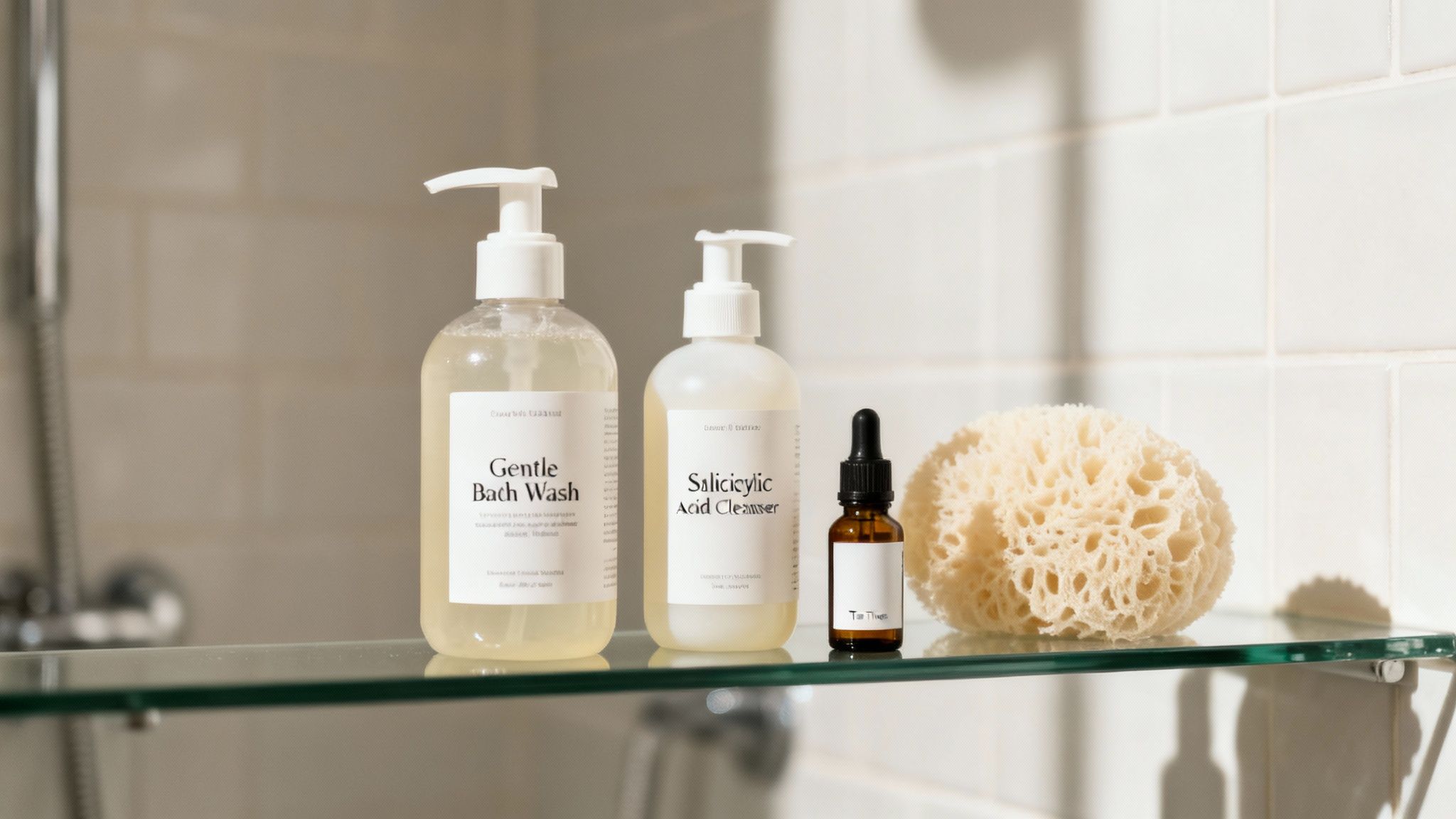 Hautpflegeprodukte und ein Naturschwamm auf einer Glasablage in einem hellen Badezimmer.