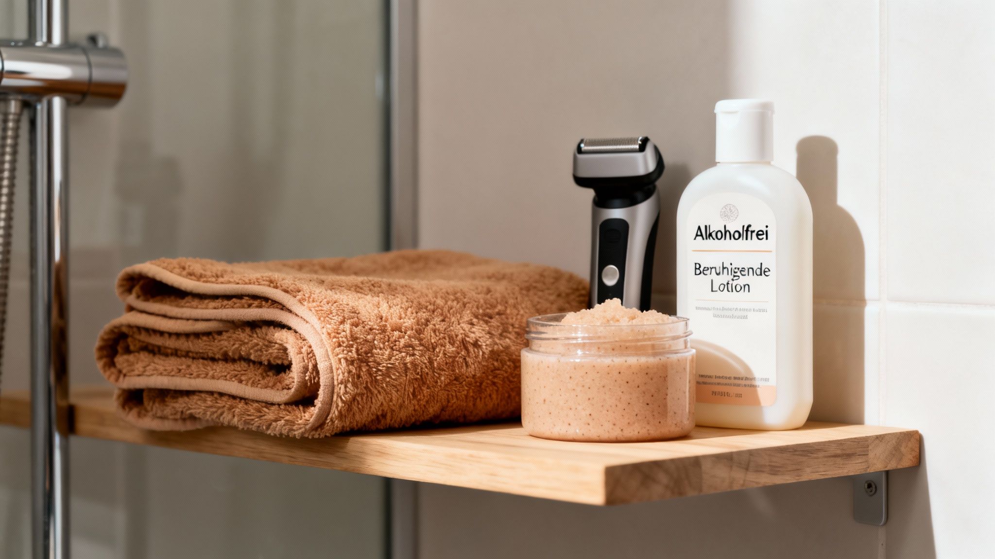 Badregal mit braunem Handtuch, Elektrorasierer, Körperpeeling und beruhigender Lotion.