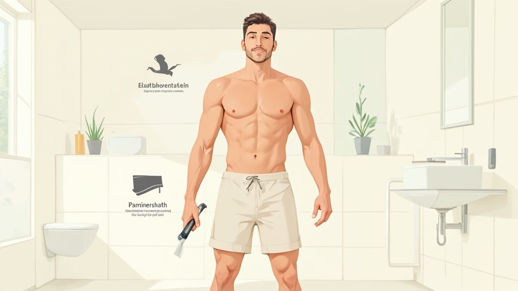 Ein muskulöser Mann steht in einem hellen Badezimmer und hält ein Rasierwerkzeug.