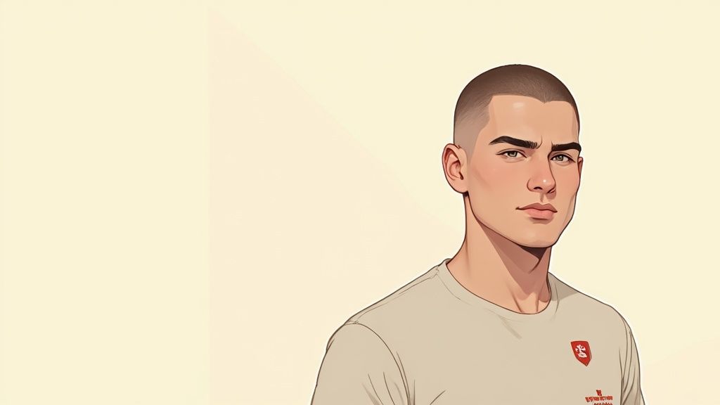 Stilisierter Mann mit modernem Buzz Cut Fade Haarschnitt blickt selbstbewusst in die Kamera.