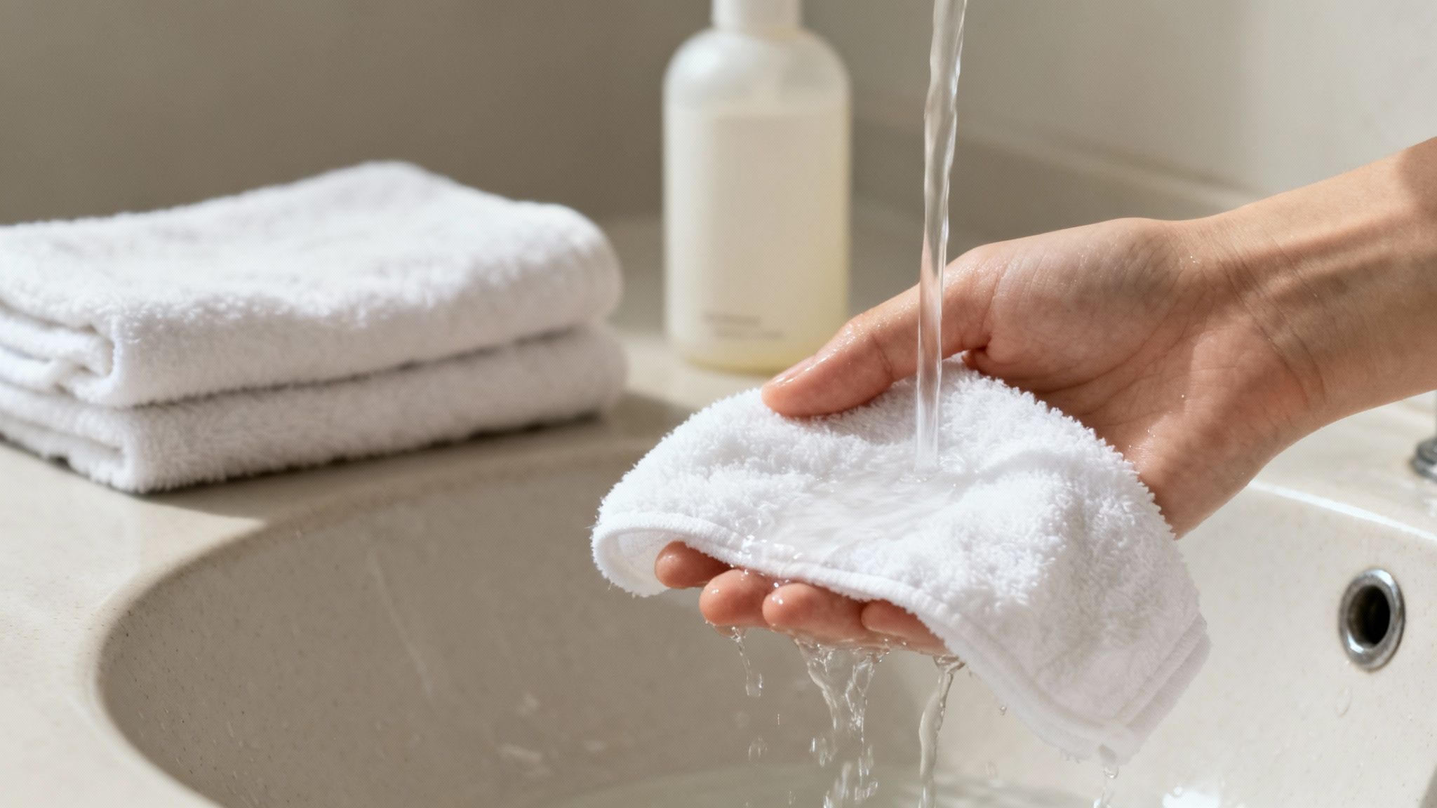 Eine Hand wäscht ein kleines weißes Handtuch unter fließendem Wasser im Waschbecken.