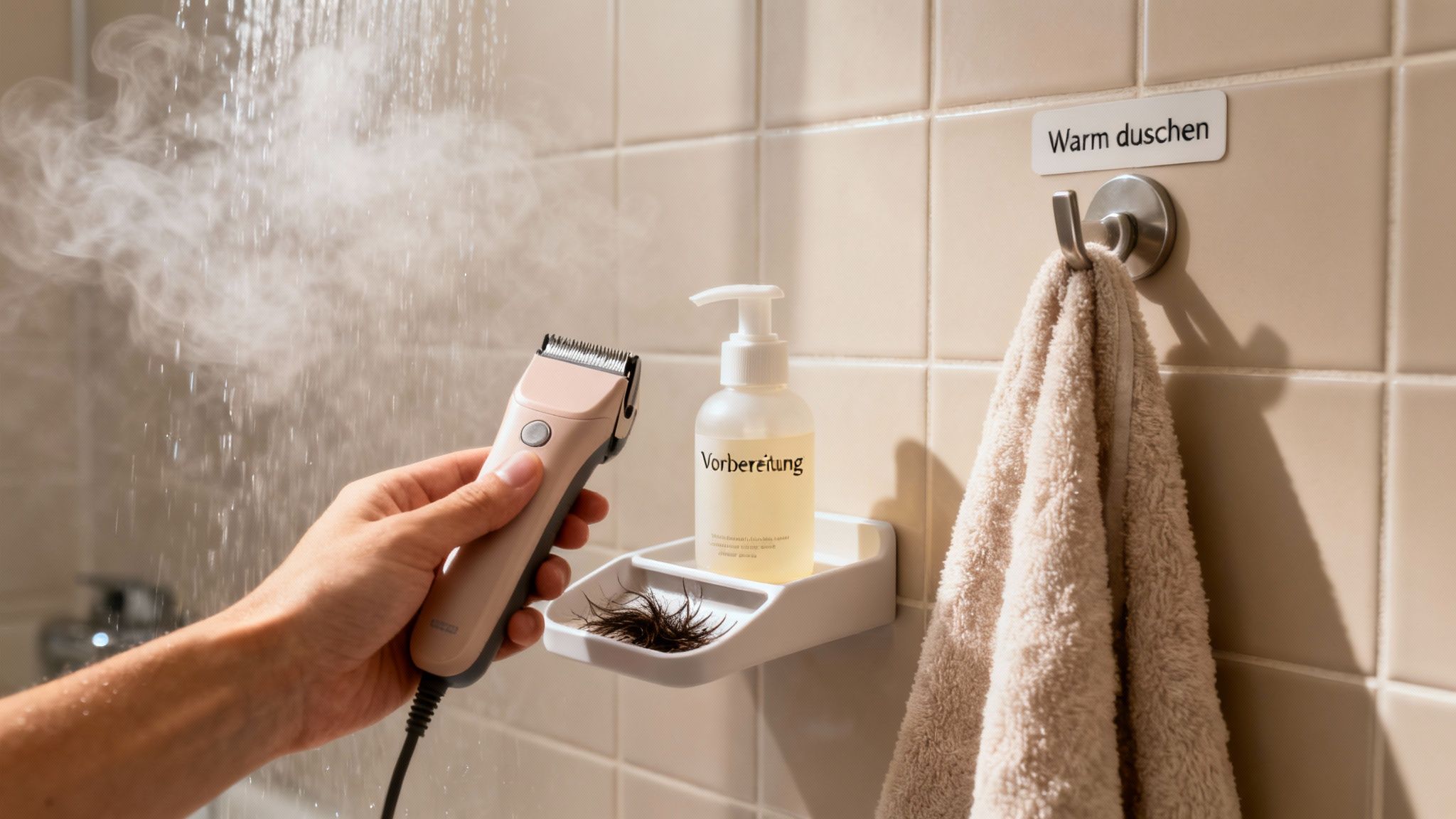 Hand hält Haarschneider unter dampfender Dusche, daneben Vorbereitungsflasche, geschnittene Haare und Handtuch.
