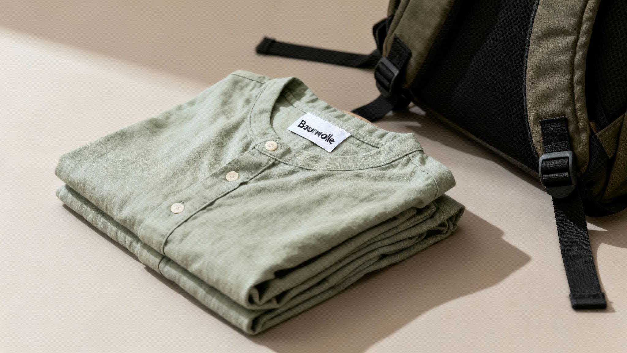 Ein gefaltetes hellgrünes Hemd mit Baurwolle-Label liegt neben einem olivgrünen Rucksack auf beigefarbenem Hintergrund.
