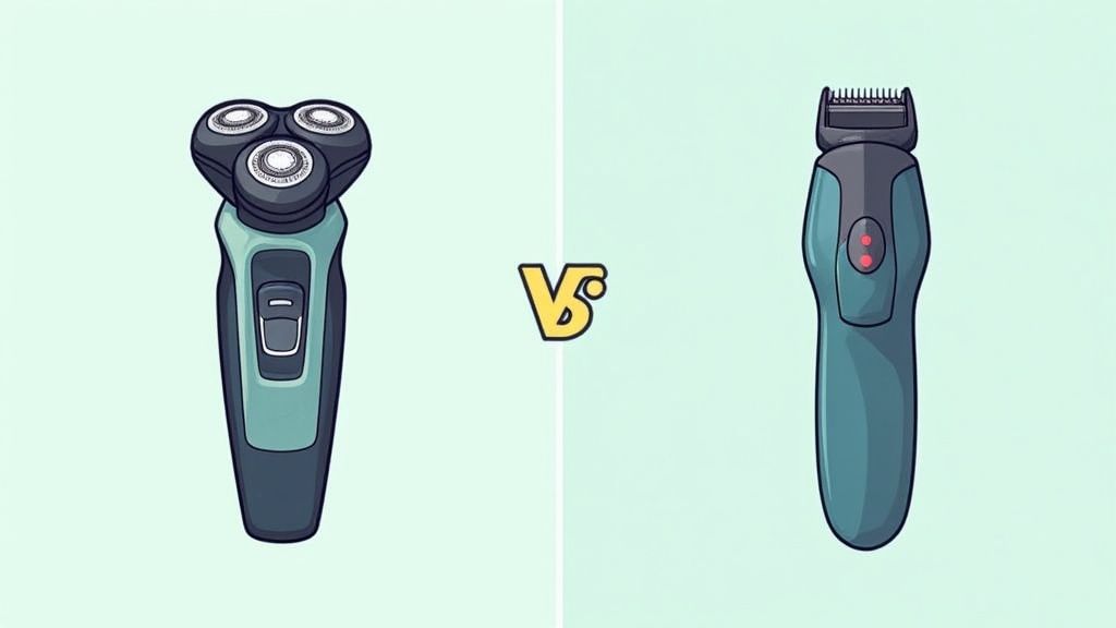 Illustration eines elektrischen Rotationsrasierers links und eines Barttrimmers rechts im Vergleich.