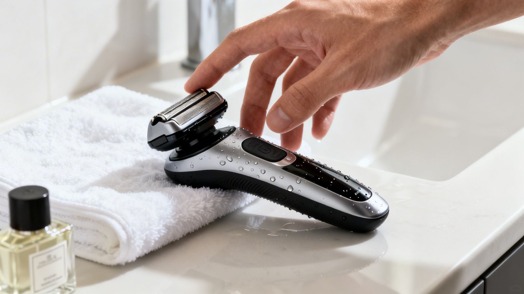 Hand eines Mannes greift nach nassem Elektrorasierer auf Badezimmerwaschtisch neben weißem Handtuch.