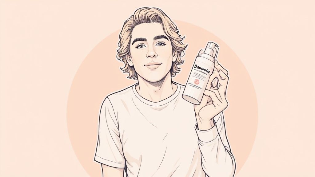 Cartoon eines jungen Mannes mit blonden Haaren, der ein Hautpflegeprodukt lächelnd präsentiert.