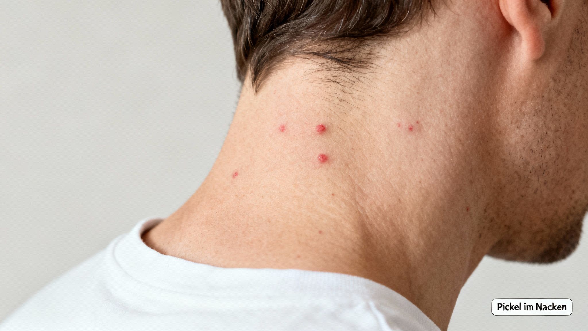 Nahaufnahme des Nackens eines Mannes mit mehreren roten Pickeln und Hautunreinheiten.