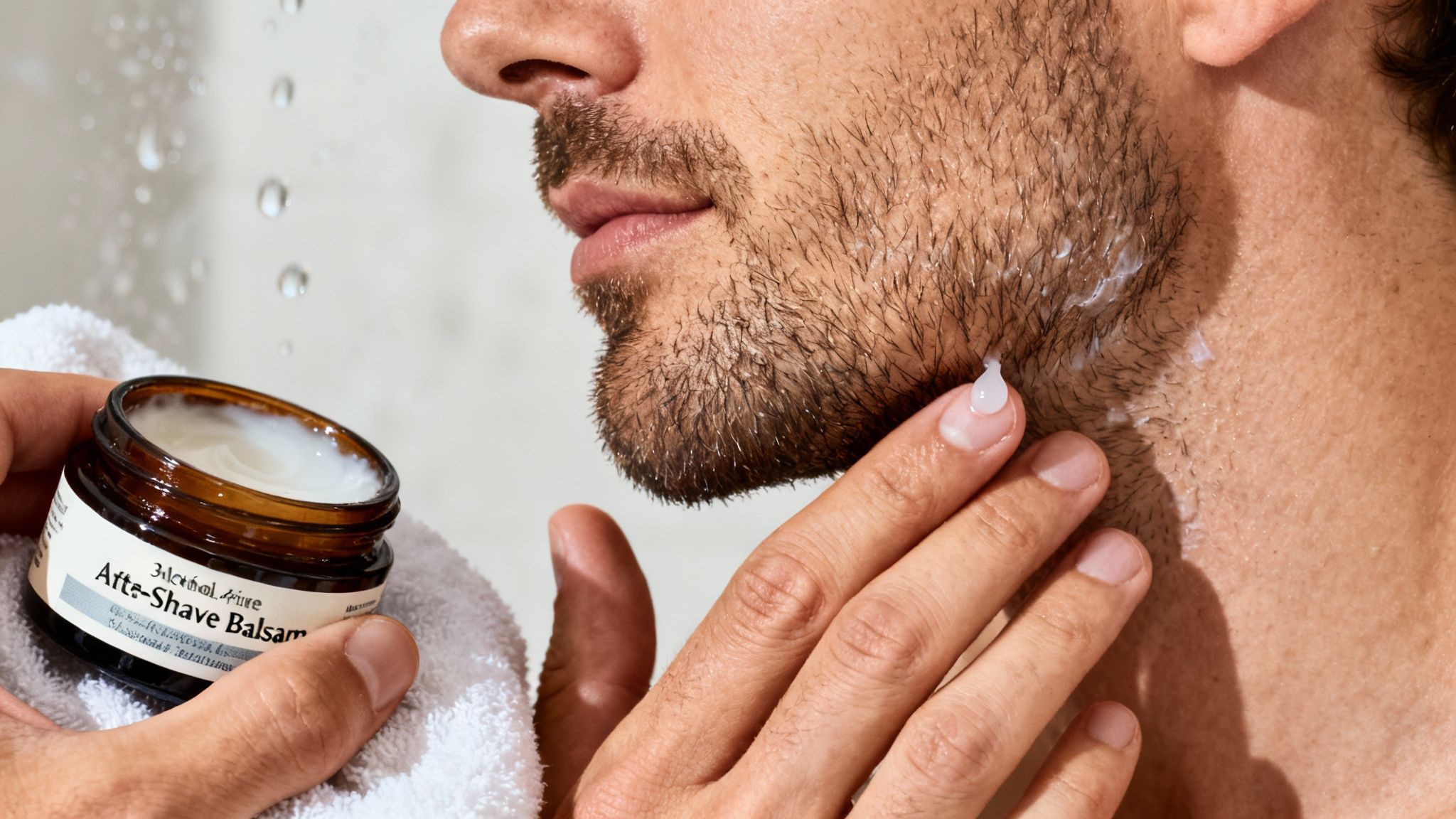 Ein Mann pflegt seinen Bart mit After-Shave-Balsam nach der Rasur unter fließendem Wasser.