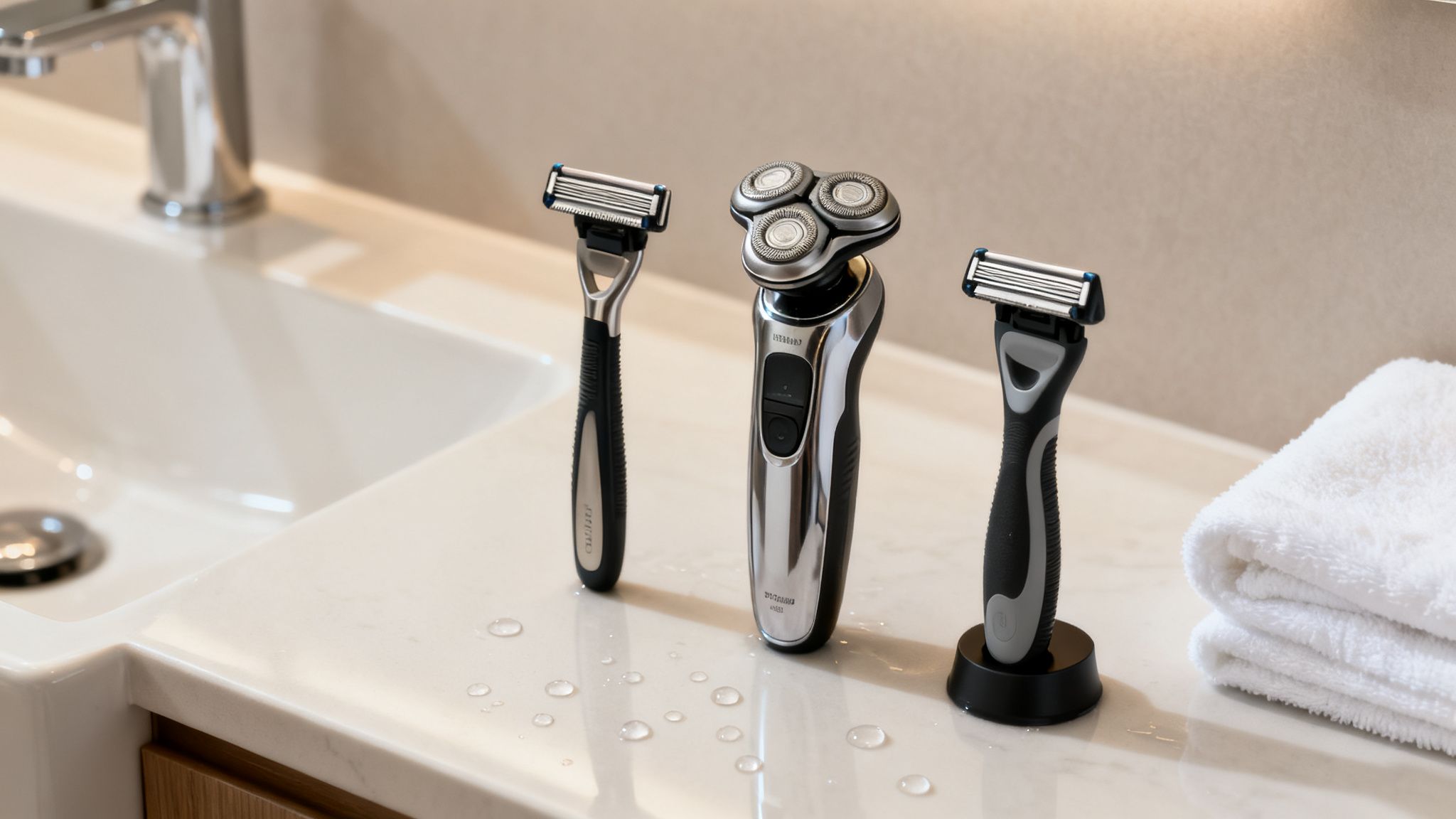 Drei Rasierapparate (manuell und elektrisch) stehen auf einem feuchten Badezimmerwaschtisch neben weißen Handtüchern.