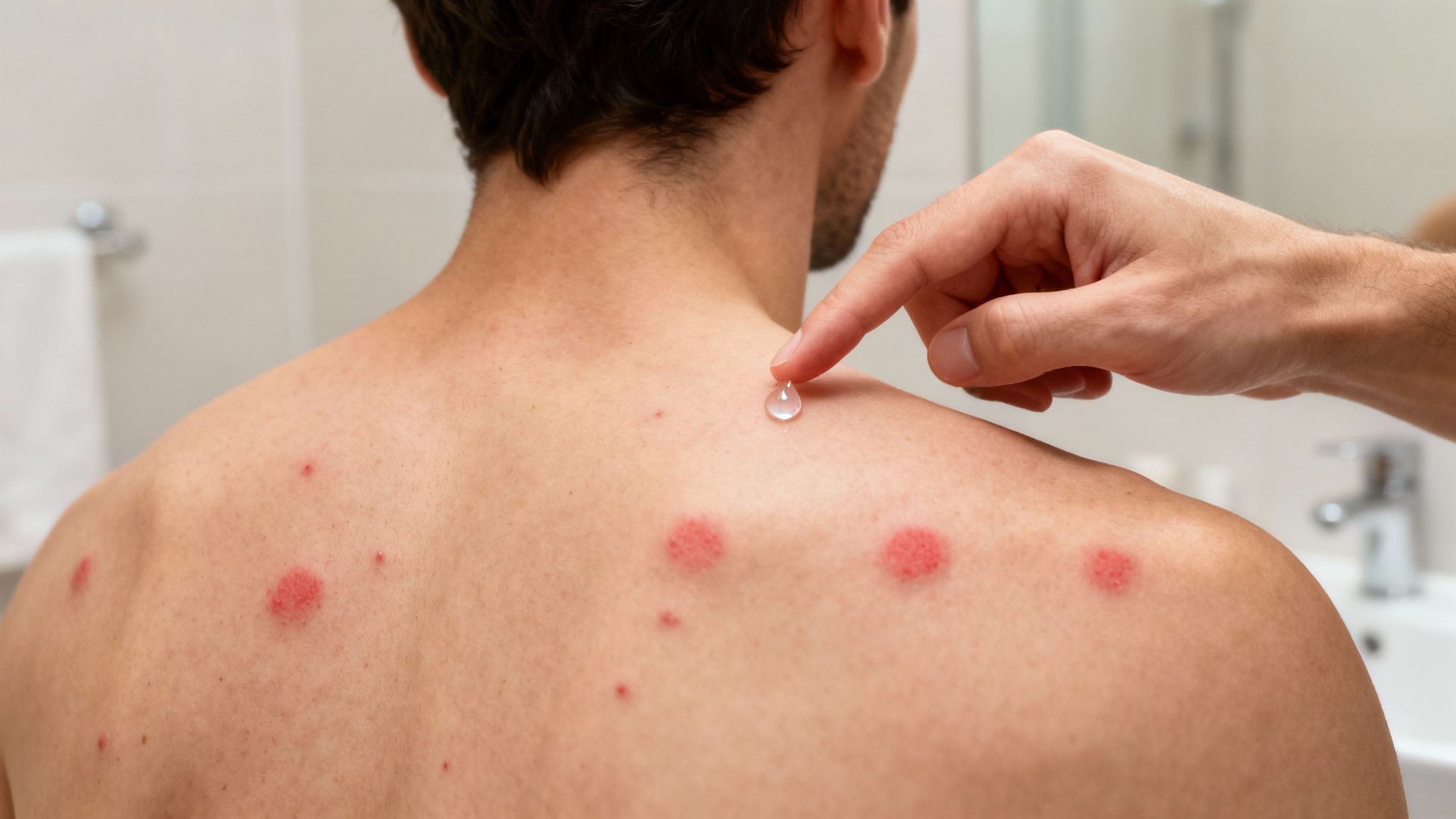 Nahaufnahme eines Mannes, der eine Creme auf rote Flecken auf seinem Rücken aufträgt.