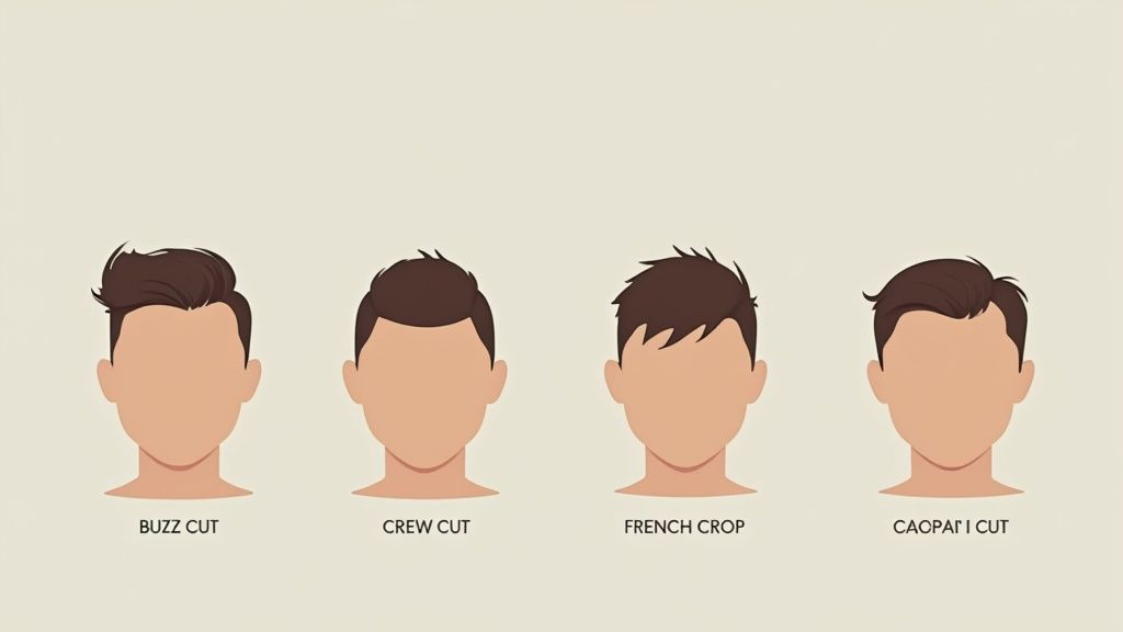 Vier Illustrationen von Männerköpfen mit verschiedenen kurzen Frisuren, darunter Buzz Cut, Crew Cut, French Crop und Caopai I Cut.