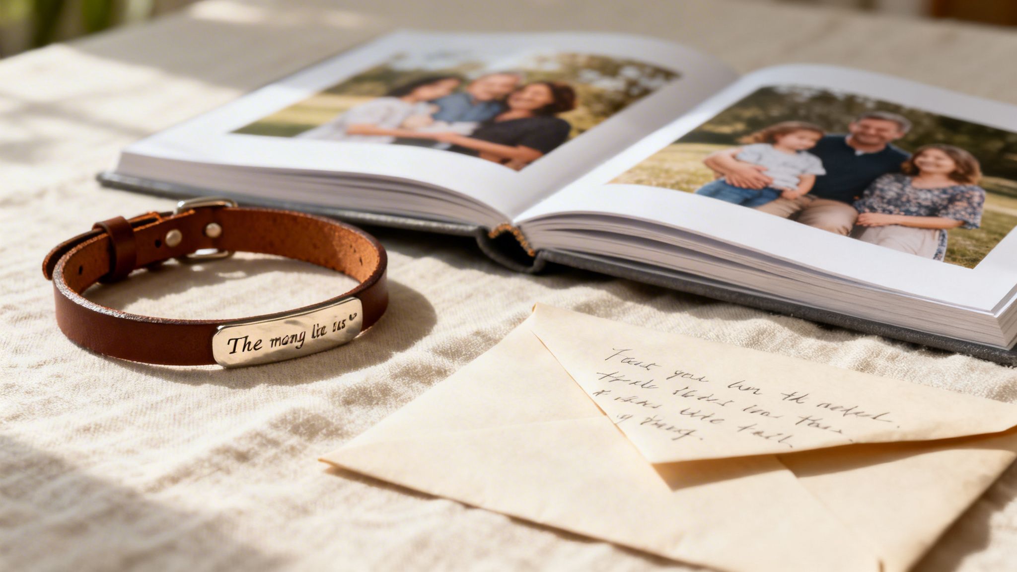 Nahaufnahme eines braunen Lederarmbands mit Gravur, daneben ein geöffnetes Fotoalbum und ein handgeschriebener Brief.