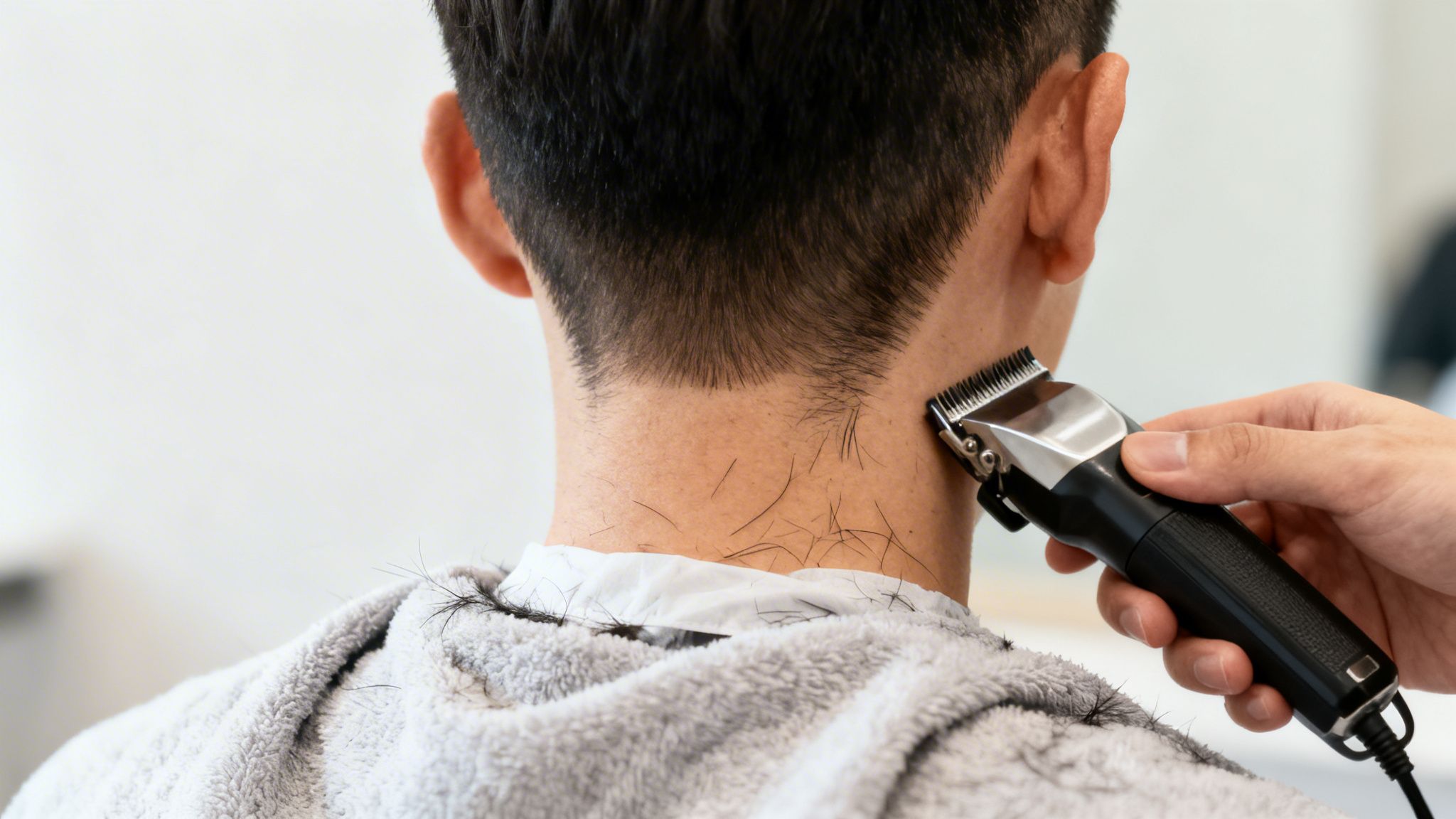 Ein Friseur schneidet einem Mann mit einem Haarschneider den Nacken. Abgeschnittene Haare liegen auf Haut und Cape.