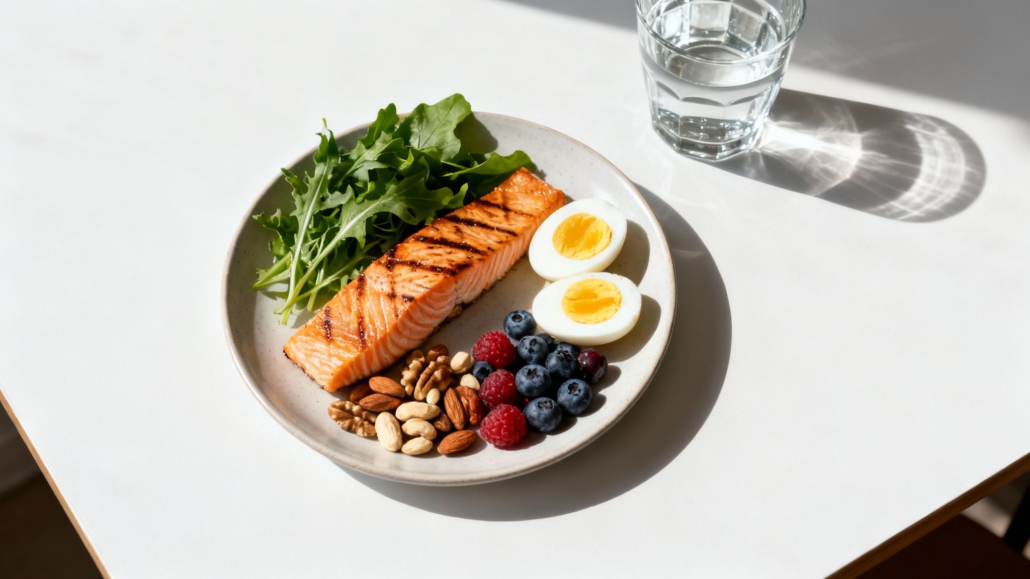 Eine ausgewogene Mahlzeit mit gegrilltem Lachs, Eiern, Beeren, Nüssen und Rucola auf einem Teller, daneben ein Glas Wasser.