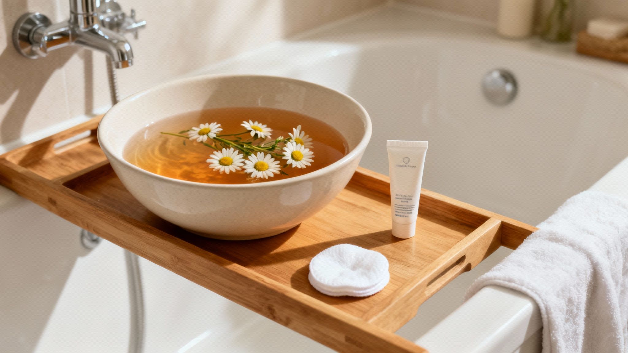 Eine Schale mit Kamillenblüten in Wasser steht auf einem Holztablett über einer Badewanne, daneben Pflegeprodukte und ein Handtuch.