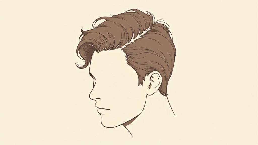 Stilisierte Zeichnung eines Mannes im Profil mit braunen, mittellangen Haaren und Seitenscheitel.