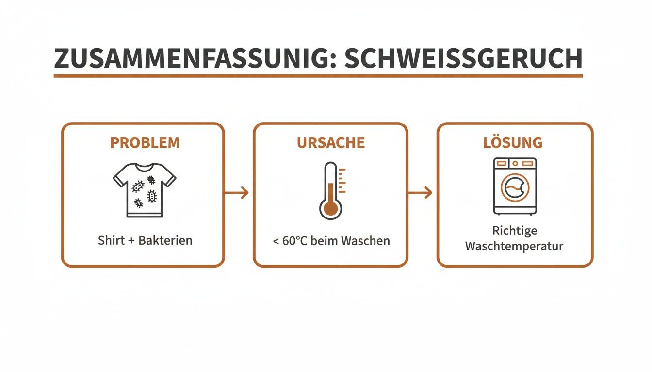 Infografik zur Entfernung von Schweißgeruch: Problem (Shirt mit Bakterien), Ursache (Waschen unter 60°C), Lösung (richtige Waschtemperatur).
