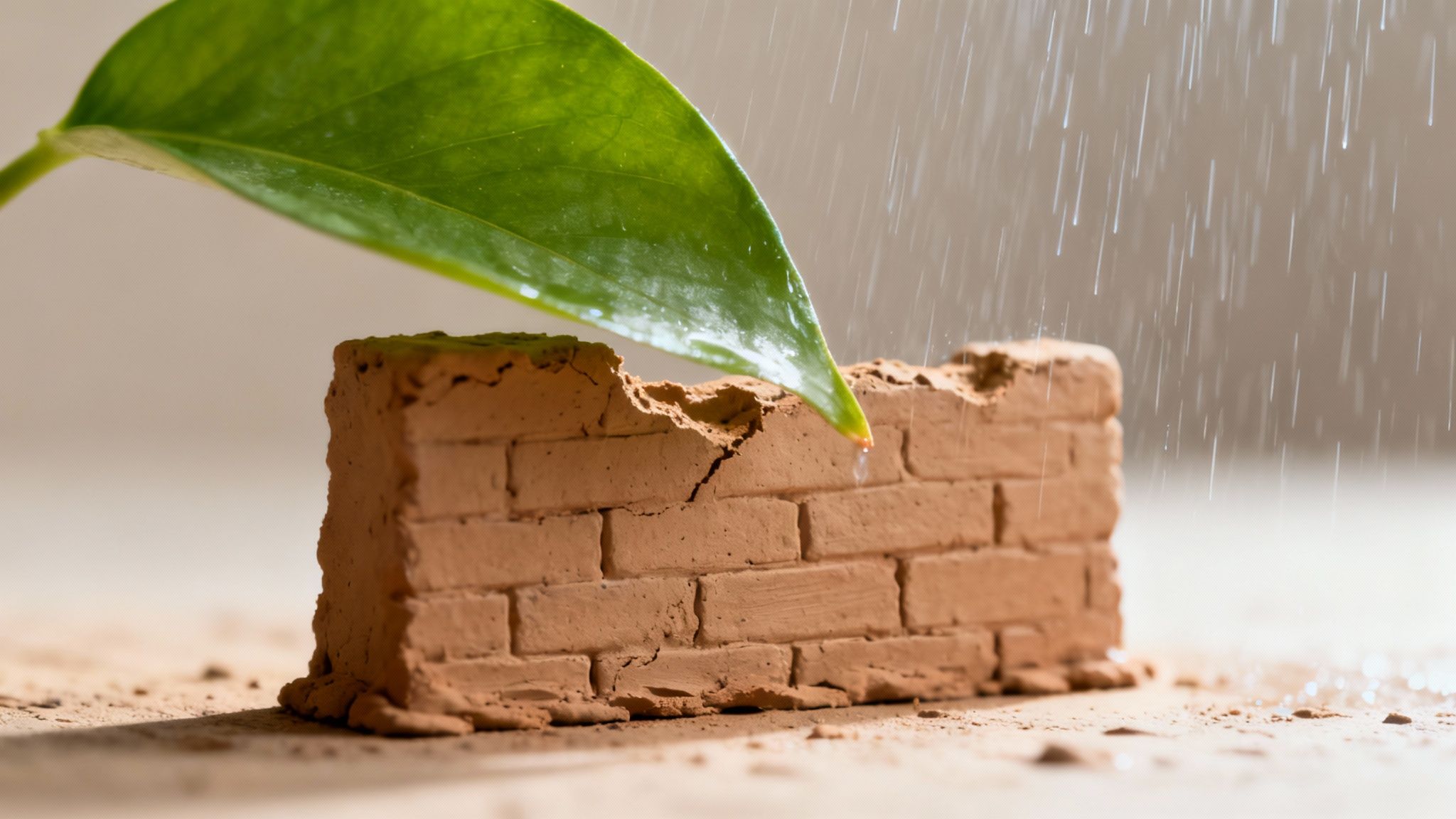 Ein grünes Blatt schützt eine erodierte Lehmziegelmauer vor fallendem Regen.