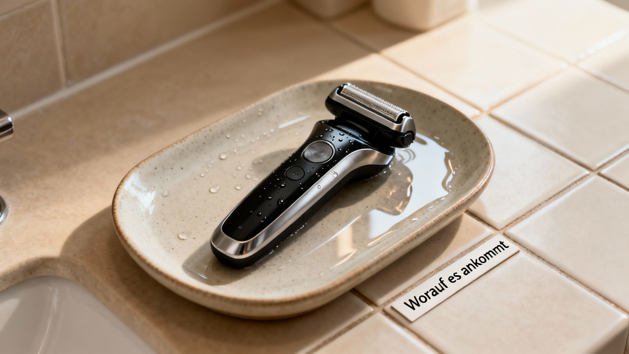Nasser schwarzer Elektrorasierer in einer beigen Keramikschale mit Wassertropfen auf einer gefliesten Waschtischplatte. Text: Worauf es ankommt.