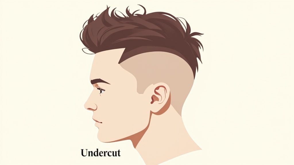 Illustration einer modernen Herren-Undercut-Frisur mit langen oberen Haaren und rasierten Seiten.