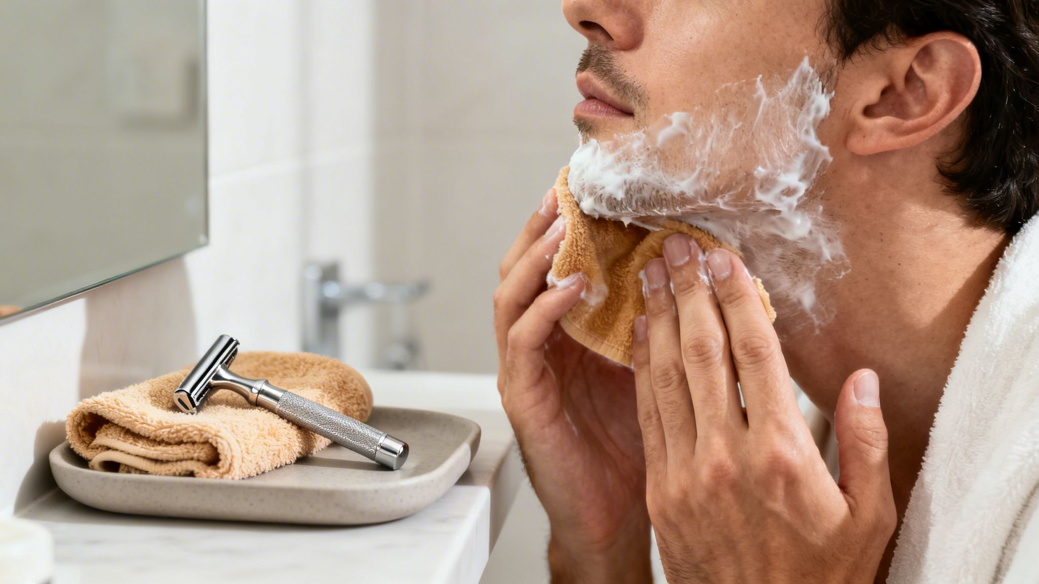 Nahaufnahme eines Mannes, der Rasierschaum mit einem kleinen Tuch auf sein Gesicht aufträgt. Ein Rasierer und Handtücher liegen auf der Ablage.