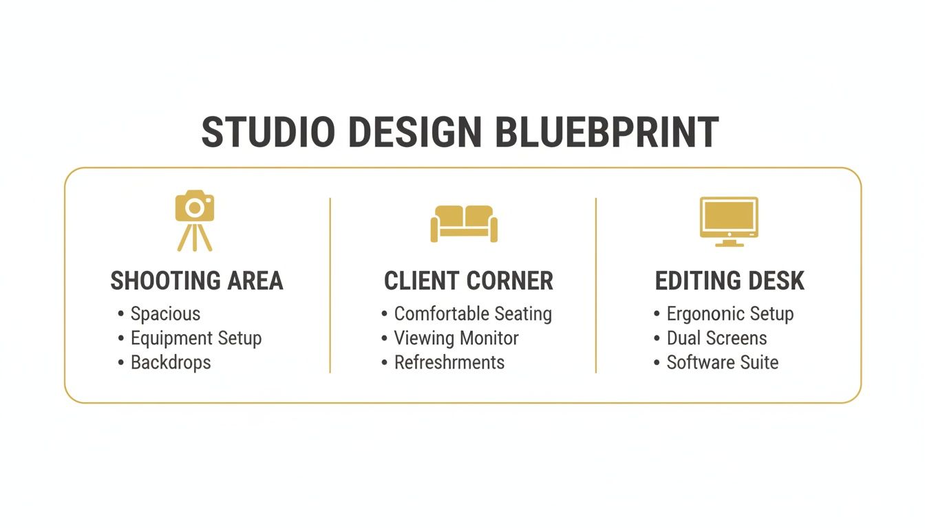 A studio design blueprint detailing areas for shooting, client viewing, and an ergonomic editing desk.