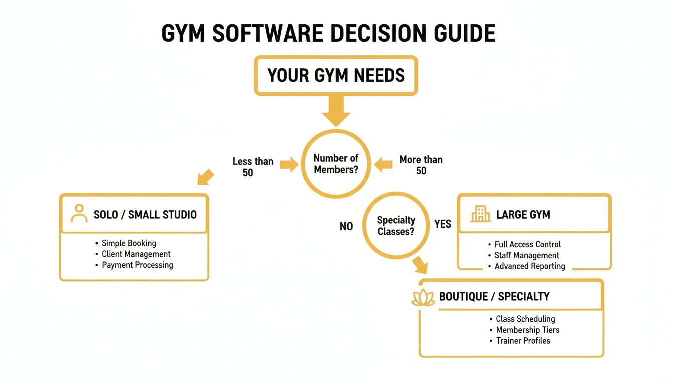 A flowchart guiding gym owners to choose software based on number of members and specialty classes.