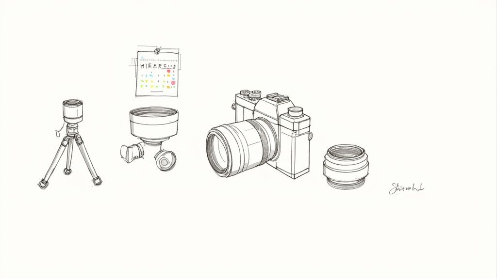 A detailed line drawing showcasing various photography equipment, including a camera, lenses, and a tripod.