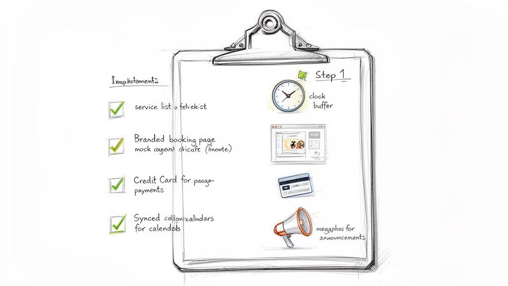 Hand-drawn illustration of a clipboard outlining a booking system implementation plan with steps and icons.
