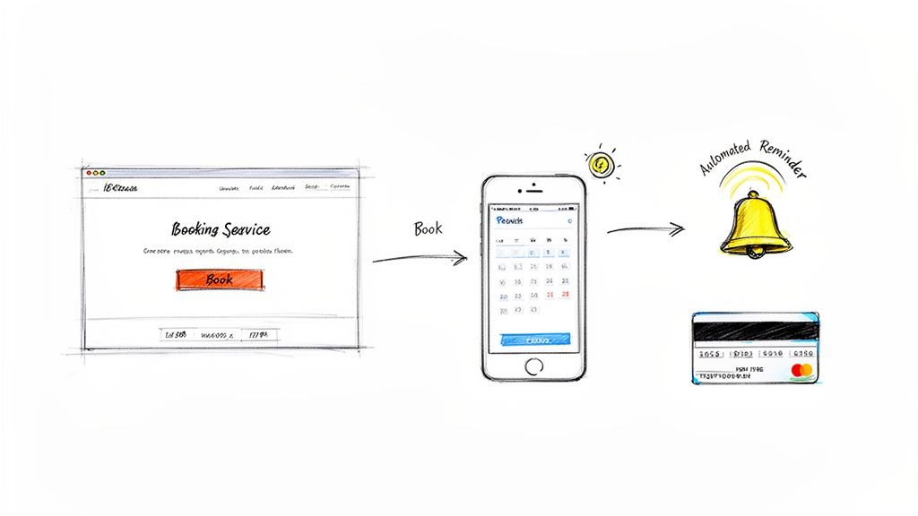 Diagram illustrating the online service booking process from website to mobile scheduling, automated reminders, and payment.