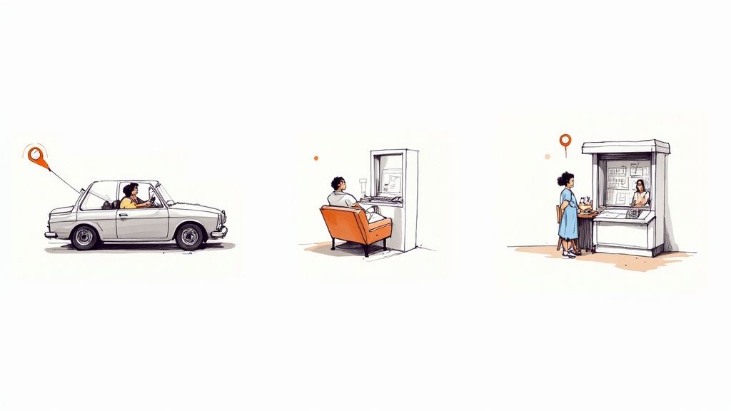 Three illustrations show people interacting with a booking system: in a car, at an ATM, and with a person at a counter.