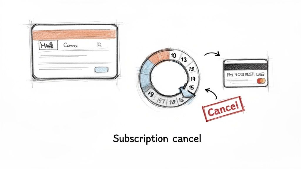 A sketch illustrating the process of canceling a subscription with a credit card and a timeline.