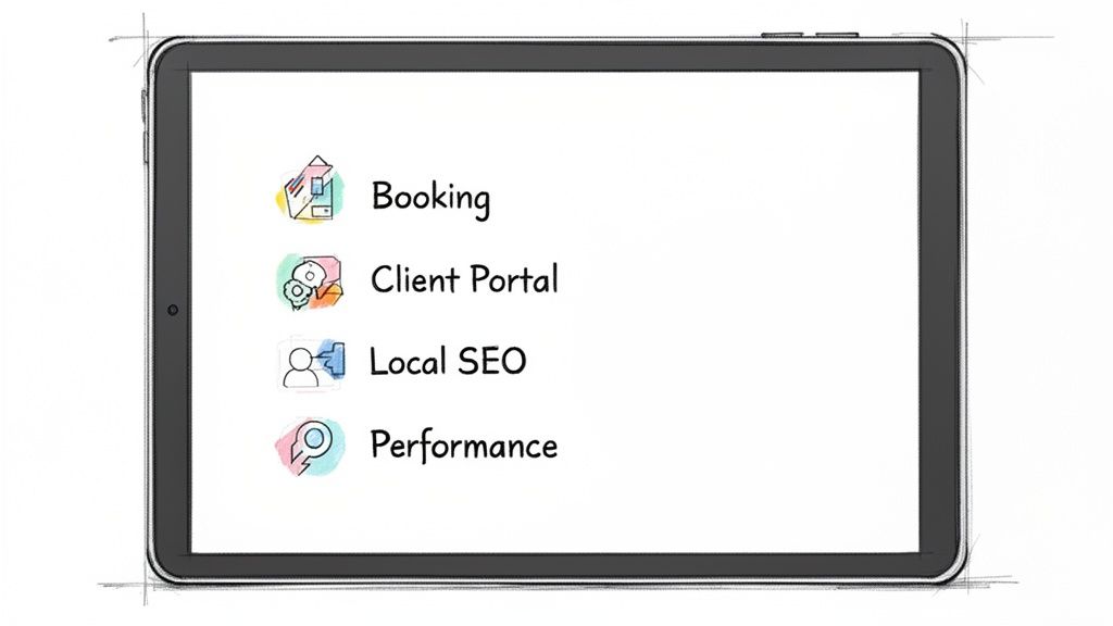 A tablet displaying a list of digital features: Booking, Client Portal, Local SEO, and Performance.