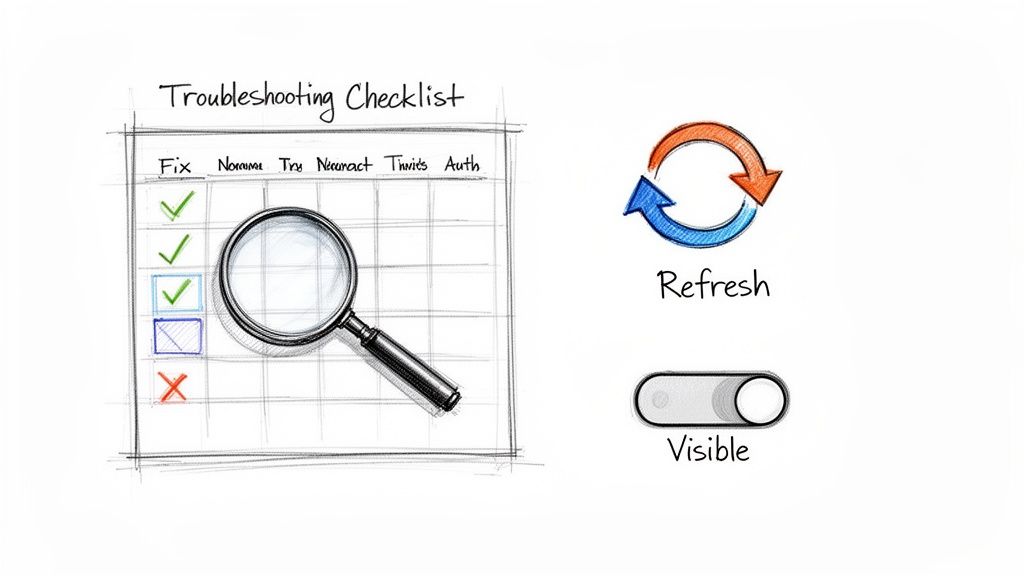 A sketched troubleshooting checklist with a magnifying glass, a refresh icon, and a visible toggle switch.