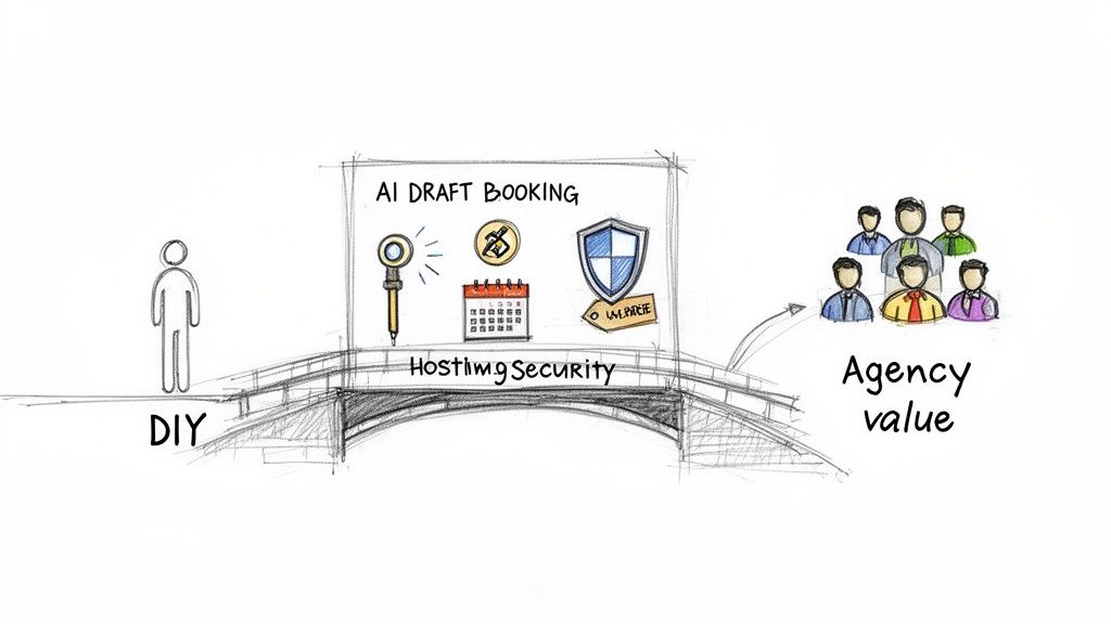 An illustrative drawing showing a bridge from 'DIY' to 'Agency value' with 'AI Draft Booking' and 'HostingSecurity' features.